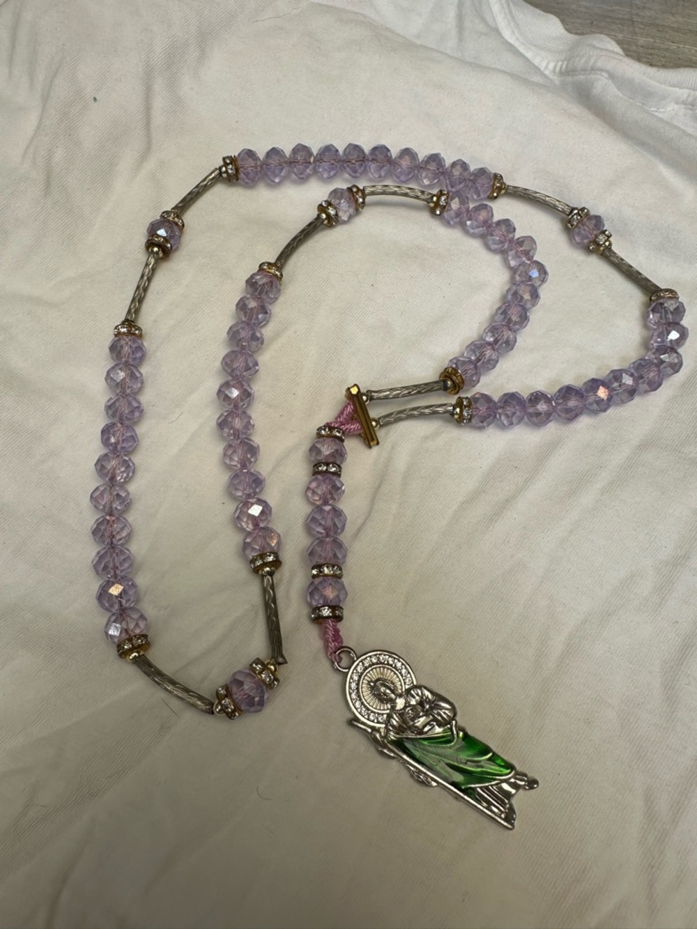 Lavender Crystal Saint Pendant Rosary - Unbranded
